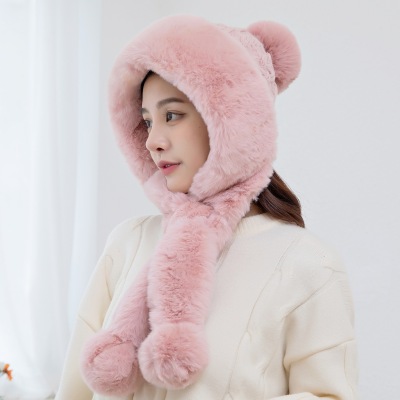 2021 Autumn and Winter New Snow Warm Rabbit Fur Comfortable Knitted Hat Cute Fleece Lined Fur Ball Show Face Small Scarf Hat