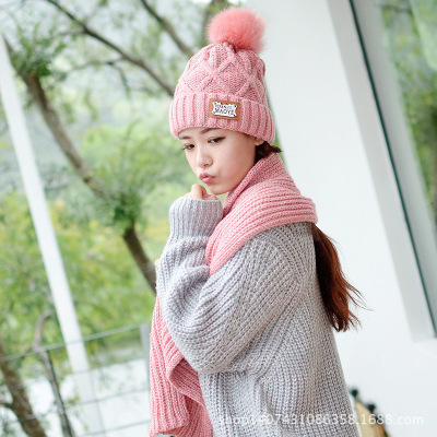 2020 Korean Style Fashion Warm Keeping Fluffy Ball Cap Jacquard Blended Rabbit Fur Knitted Hat Scarf Hat Two-Piece Set Wholesale