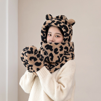 New Women's Hat Korean-Style Cute Bear Ear Scarf Leopard Print Hooded PNE-Piece Suit Winter Warm Hand Guard Cold-Proof