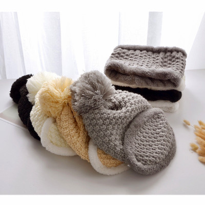 New Women's Knitted Mask Hat Winter Warm Scarf Hat Two-Piece Set Fruit Fur Ball Hat Wholesale