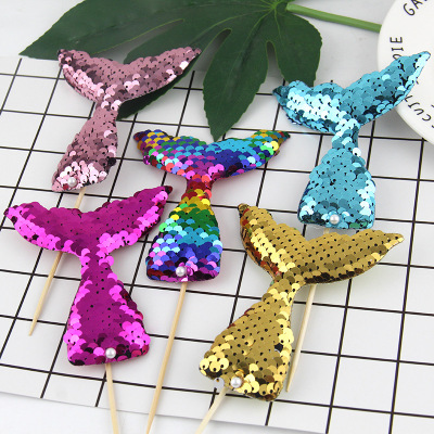 Creative Pearl Fish Tail Cake Inserting Card Decoration Plug-in Shimmering Powder Sequins Beauty Fish Tail Cake Decoration