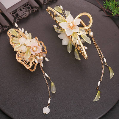 Hanfu Clip Back Head Grip Vintage Butterfly Tassel Barrettes Female Pearl Hairpin Archaistic Headdress