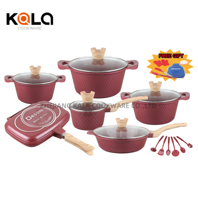 23-Piece Wood Grain Cover Beads Pot Set an Aluminum Pot Non-Stick Pot Soup Pot Casserole Shallow Soup Pot Frying Pan Double-Sided Frying Pan