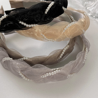 Headband Korean Organza Pearl Woven Twisted Headband Gentle French Style out Spring Women's Headdress