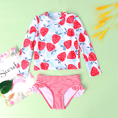 2022 New Girl's Swimsuit Split Long Sleeve Shorts Cute Strawberry Printed Hot Spring Comfortable Breathable Swimsuit