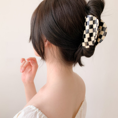Ornament Korean Black and White Chessboard Grid Grip Medium Retro Acetate Hairpin Back Head Hair Claw Shark Clip