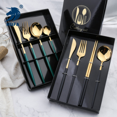 A Stainless Steel Knife, Fork and Spoon Four-Piece Gold Western Food/Steak Knife and Fork Gift Tableware Portuguese Tableware Set