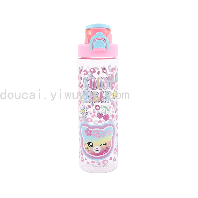 Cute Girl Pink 1000ml Large Capacity Plastic Cup Tritan Material Bouncing Lid Children's Drop-Resistant Rope Holding