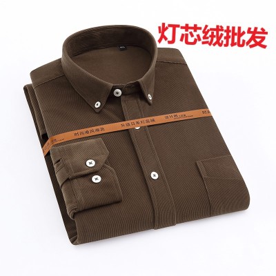 Spring New Men's Long-Sleeved Shirt Corduroy Business Casual Shirt Middle-Aged and Elderly Men Korean Style Bottoming Slim Fit