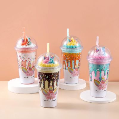 Factory Wholesale Cream Unicorn Brushed Cup with Straw Macaron Crushed Ice Cup Plastic Cup Cross-Border E-Commerce Cup