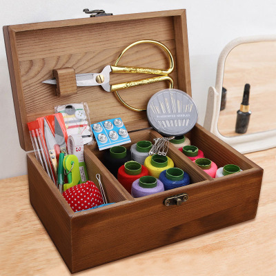 Household Solid Wood Sewing Kit Chinese Style Retro Large Needlework Storage Box Cross Stitch Tool Organize and Storage