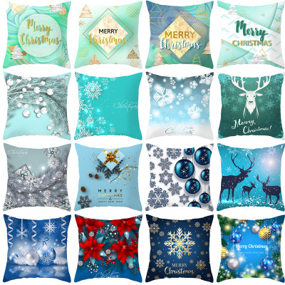 Blue Series Christmas Pillow Cover 2022 New Peach Skin Fabric Throw Pillowcase Home Digital Printing Bed Head Cushion Cover