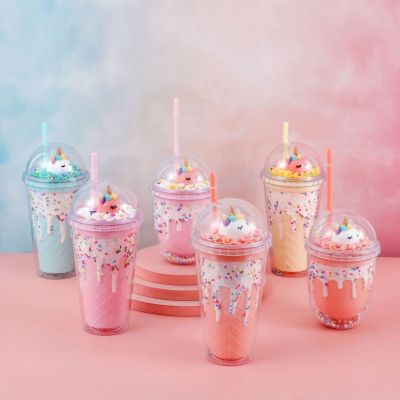 Cross-Border E-Commerce Cup Three-Dimensional Cake Unicorn Cup with Straw Ice Cup Cute Cold Drink Plastic Cup Factory Wholesale