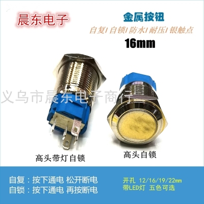 Direct Sales Fiberglass High Current High Power 16mm High Head Waterproof Self-Locking Metal Button Switch with Light