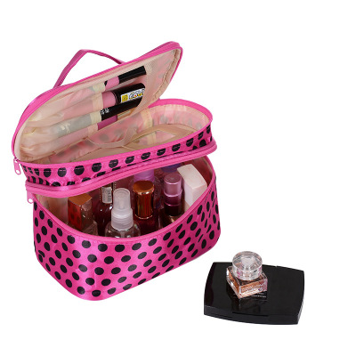 Satin Polka Dot Top Handled Wash Bag Double-Layer Double Zipper Storage with Mirror Ladies Cosmetic Bag Customizable Logo