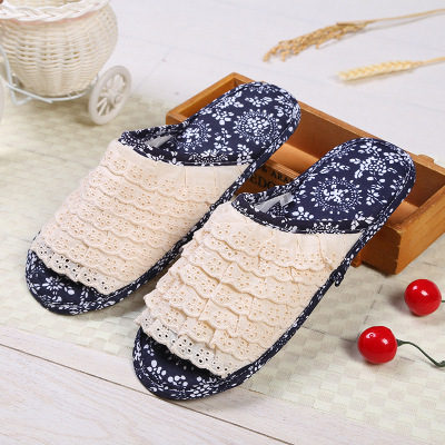 Cotton Slippers Lace Fabric Home Slippers Mute Floor Slippers Korean Slippers Factory Direct Sales