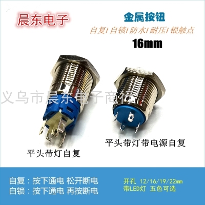 Direct Sales Fiberglass High Current High Power 16mm Flat Head with Light Waterproof Self-Recovery Metal Button Switch