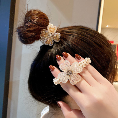 Super Fairy Crystal Clover Flower Hair Rope Female String Pearl Hair Ring Temperament Wild Back Head Bun Hair Ornament