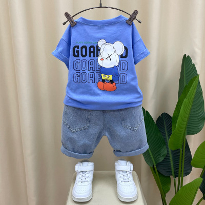 Boys Summer Suit 2022 New Western Style Fashion Baby Summer Clothes Net Red Children's Short Sleeve Two-Piece Set