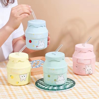 Cute Ceramic Cup Silicone Cover Glass Straw Height Creative Mug Girl Ins Style Household Coffee Cup