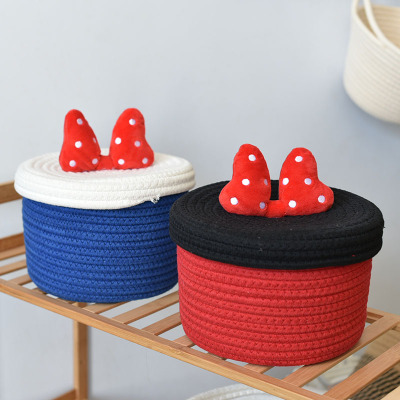 Princess Series Blue and Red Bowknot Sundries Cotton String Basket with Lid Cosmetic Storage