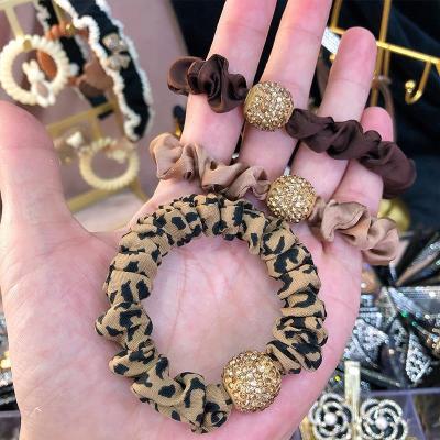 Korean Style New Rhinestone Ball Leopard Print Large Intestine Hair Band Simple Tie Hair Rope Net Red Cute Ponytail Rubber Band Hair Accessories