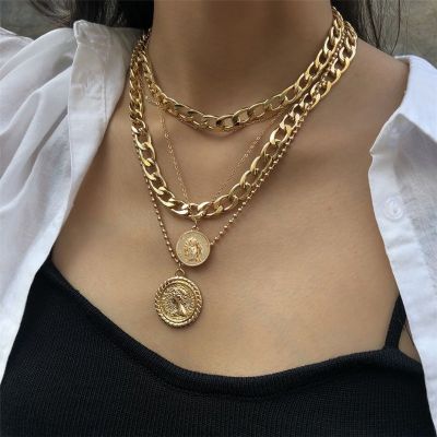 European and American New Accessories Multi-Layer round Plate Pendant Necklace Women's Fashion Trend Necklace Cross-Border Wholesale