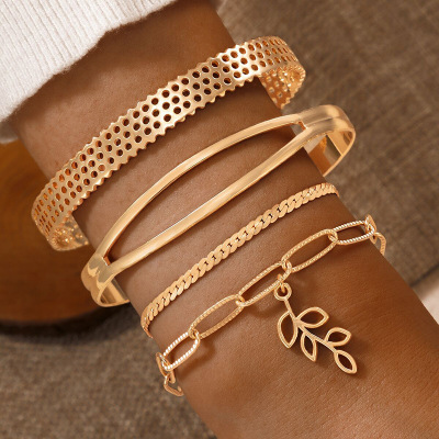 Europe and America Cross Border Ornament Fashion Bracelet Combination Set Heavy Metal Wide Bracelet Leaf Bracelet Four-Piece Set