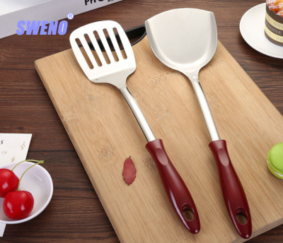 Household Red Tip Handle Stainless Steel Spatula Set Strainer and Soup Spoon Kitchenware Anti-Scald Thickening Spatula Kitchen