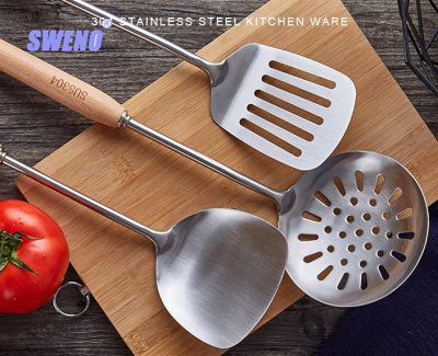 304 Stainless Steel Spatula Beech Cooking Five-Piece Kitchen Ware Set Slotted Turner Fish Spatula Soup Ladle Spatula Set Factory Direct Sales