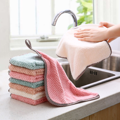 Coral Fleece Household Soft Scouring Pad Kitchen Oilproof Absorbent Dish Towel Rag Hanging Hand Towel