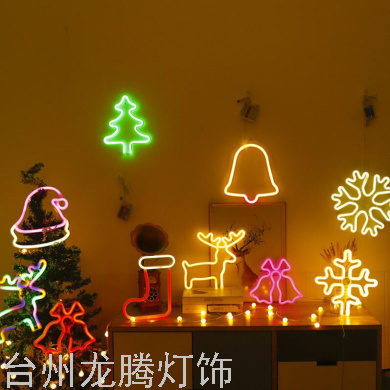 Christmas Neon Snowflake Deer Christmas Tree Bell Christmas Hat Socks Shape LED Light with Ornaments Colored Lights