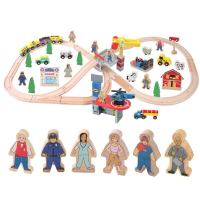 Factory Direct Sales Beech Environmental Protection Pack 70 Pieces Wooden Track Train Construction Site Crane Set Assembled Toys