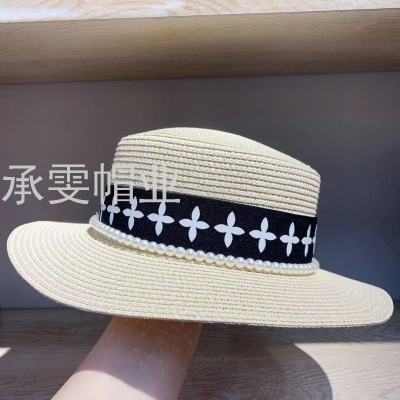 French Style Vintage Pearl Straw Hat Seaside Travel Sun Hat UV Protection Sun Hat
