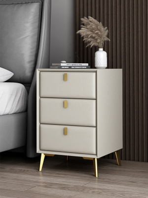 Light Luxury Solid Wood Bedside Table Leather Household Three-Drawer Ultra Narrow Simple Modern Bedroom Bedside Cabinet Mini Storage Cabinet