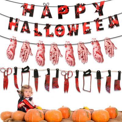 Halloween Hanging Flag Decorative Blood Knife Letters Paper Banner Party Decorations Haunted House Horror Props Hanging Flags Hanging Decorations