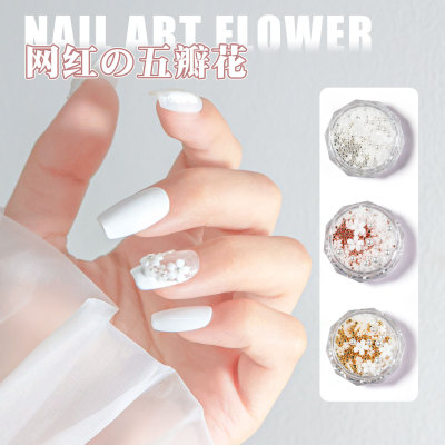 Internet Celebrity Five Petal Flower Nail Ornament Size Gold and Silver Steel Balls Pearl Mixed Boxed Summer New Nail Ornament
