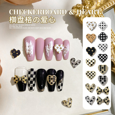 Internet Celebrity Same Style Nail Metal Chessboard Grid Black and White Love Heart Bow Tie Diamond-Embedded Versatile Abrasive Plaid Nail Jewelry