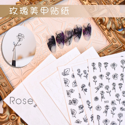 New Rose Nail Sticker 3D Three-Dimensional Black and White Hand-Painted Sketch Flower Adhesive Solid Color Hollow Nail Sticker Ornament