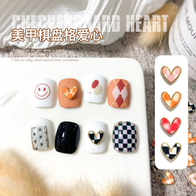 Chessboard Grid Love Heart Nail Ornament Metal Edging Alloy Nail Sticker Accessories Japanese-Style and Internet-Famous New Fingernail Decoration