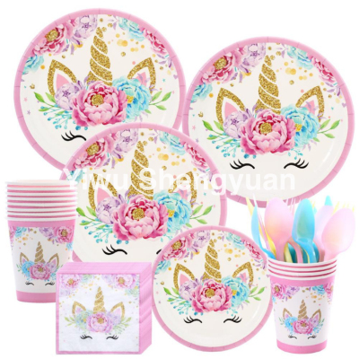 Children Unicorn Birthday Party Suppliers Set Disposable Paper Cups Plates Napkin .. for Party Decorations 