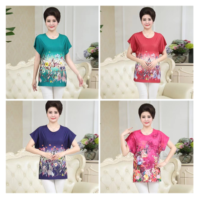 Summer Women's Silk Large T-shirt Middle-Aged and Elderly Women's Pullover round Neck Loose Flower Top  Selling Product