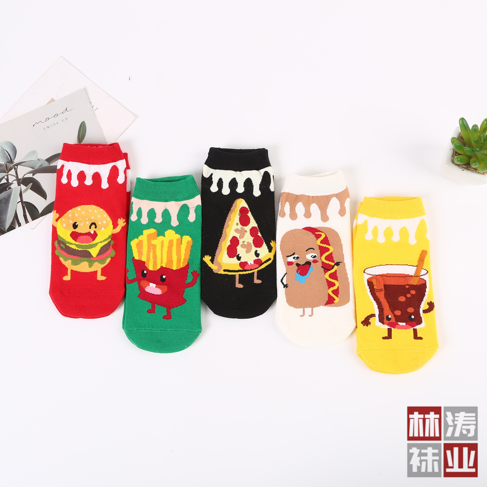 创意多彩印花图案短袜 春夏季浅口船袜 低帮吸汗汉堡薯条直板袜