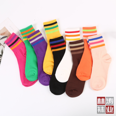 Colorful Striped Socks Mouth Autumn and Winter Simplicity Color Athletic Socks Cotton Texture Sweat-Absorbent Breathable Mid-Calf Socks Factory Direct Sales