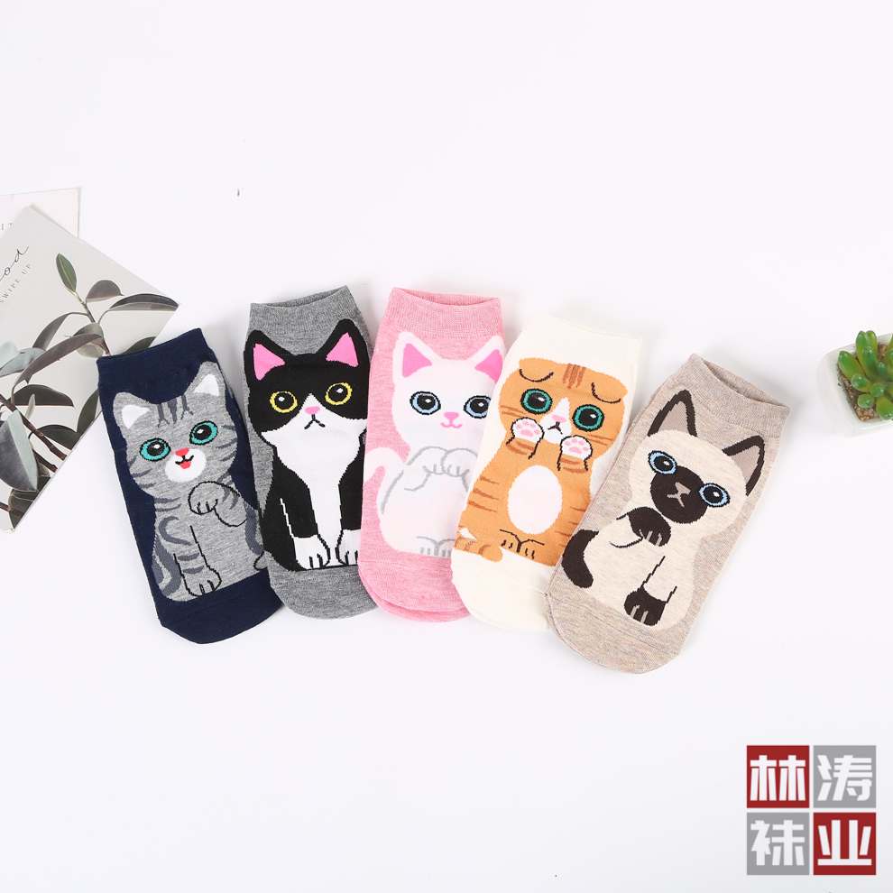 袜子卡通猫咪直板船袜 日系猫咪图案棉质感短袜 春夏女袜厂家批发