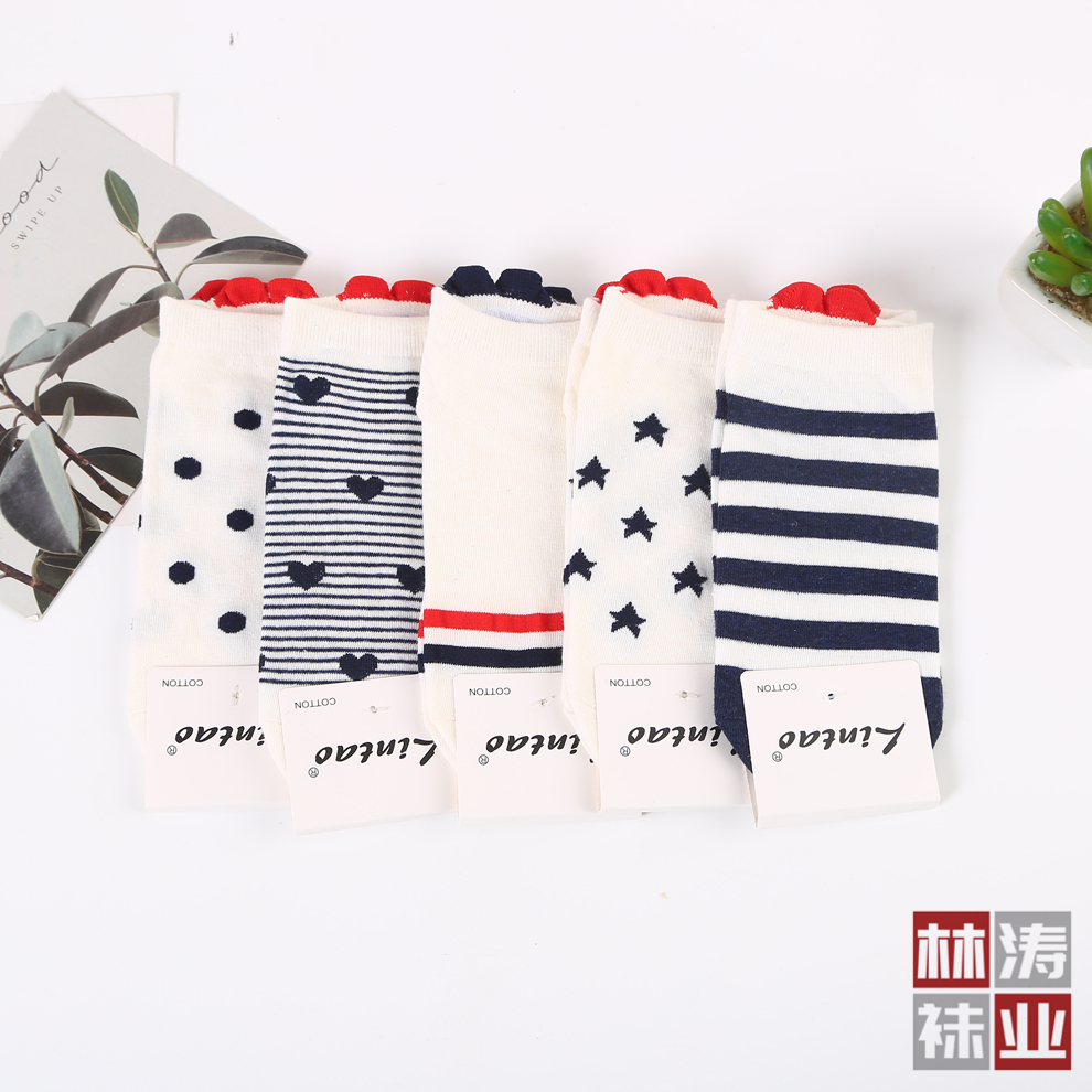 立体条纹圆点五角星图案混色时尚船袜 新款春夏新品小清新女袜