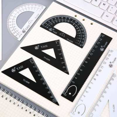 Multifunctional Scale Ruler Primary School Student Ruler Sets Black White Iron Ruler Set Square Protractor Boxed Wholesale Four-Piece Set