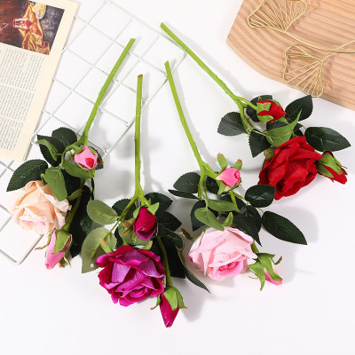 Artificial Flower 3 Head Feel Curling Rose Wedding Bouquet Feel Home Indoor Living Room Decoration Fake Flower Wholesale