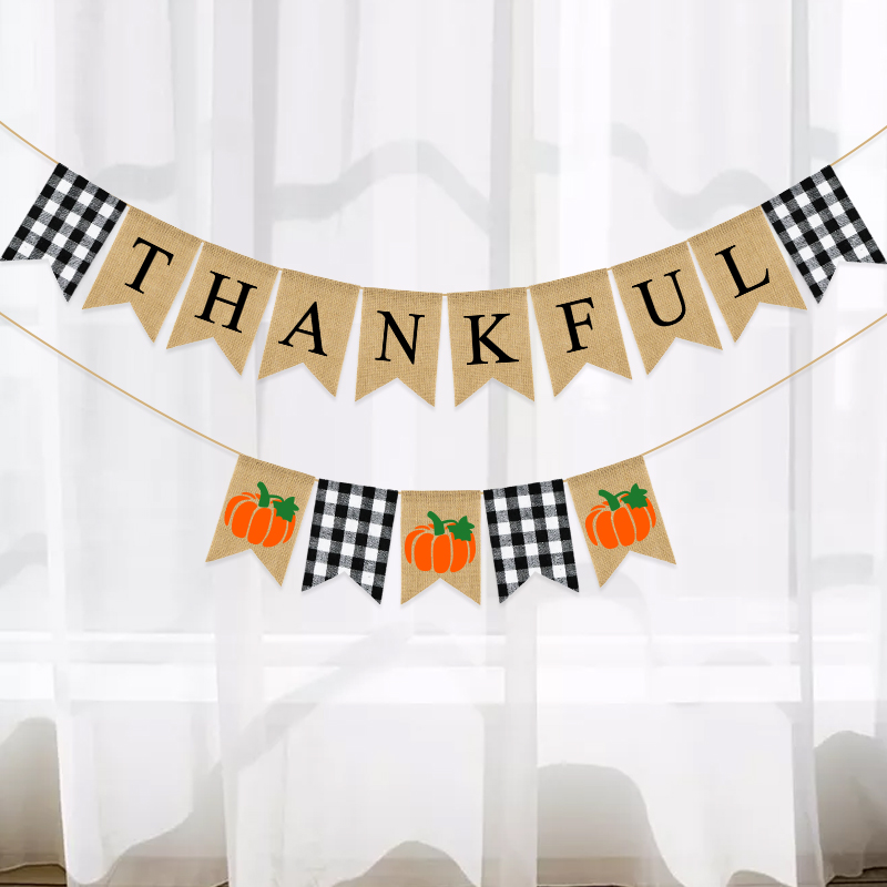thanksgiving party decoration fishtail flag black and white plaid thankful linen swallowtail pull flag banner pumpkin