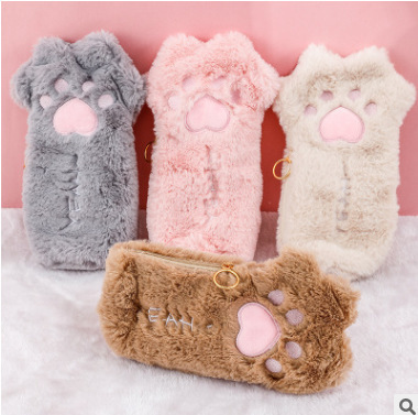 INS Autumn and Winter Internet Celebrity Cute Cat's Paw Children Pencil Case Students Large Capacity Stationery Bag Pencil Bag Pencil Case Cute Plush Cat's Paw Bags